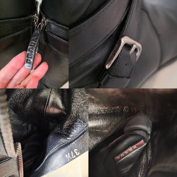 PRADA  BLACK  LEATHER 2X BELTED BUCKLE BIKER  BOOTS 37.5 ITALY - Picture 11 of 12